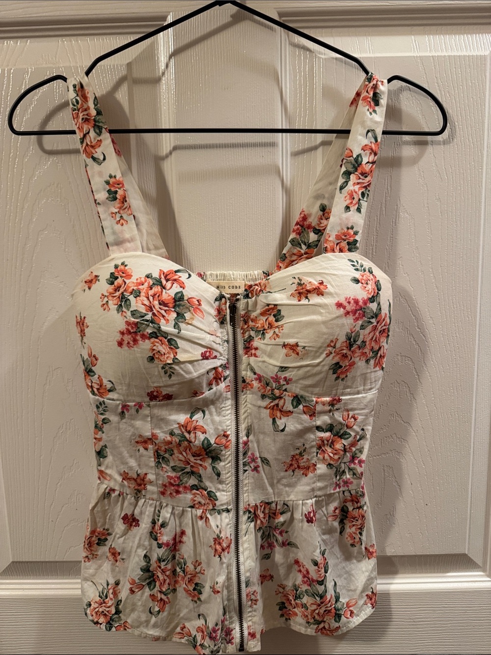 White Floral Zip-Front Peplum Bustier Top